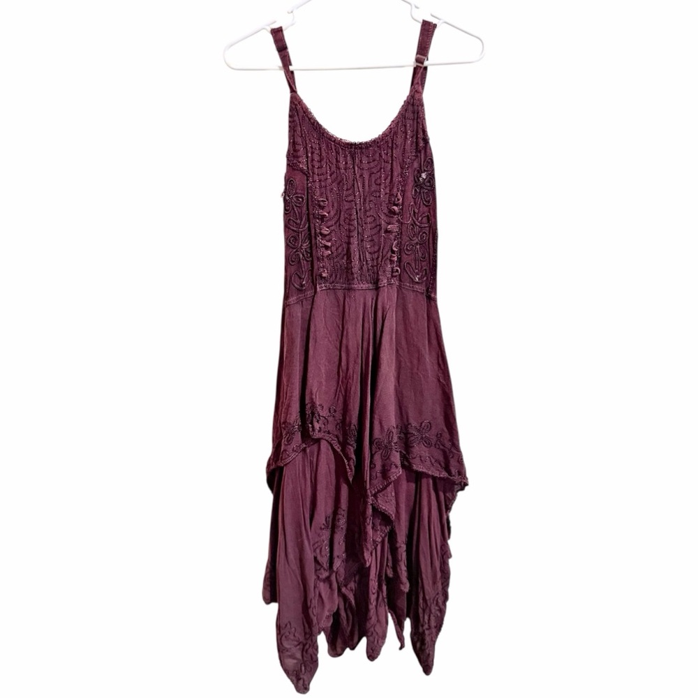 Lapogee dark purple Embroidered Boho Style Fairy Handkerchief Dress Free Size
